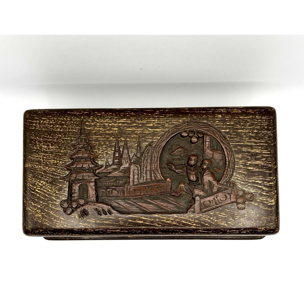 Antique George Zee Chest Jewelry‎ Box Hand Carved Wood Chinese Scene